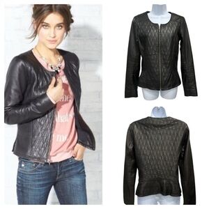 HINGE Quilted Genuine Leather Jacket Zip Black Size S